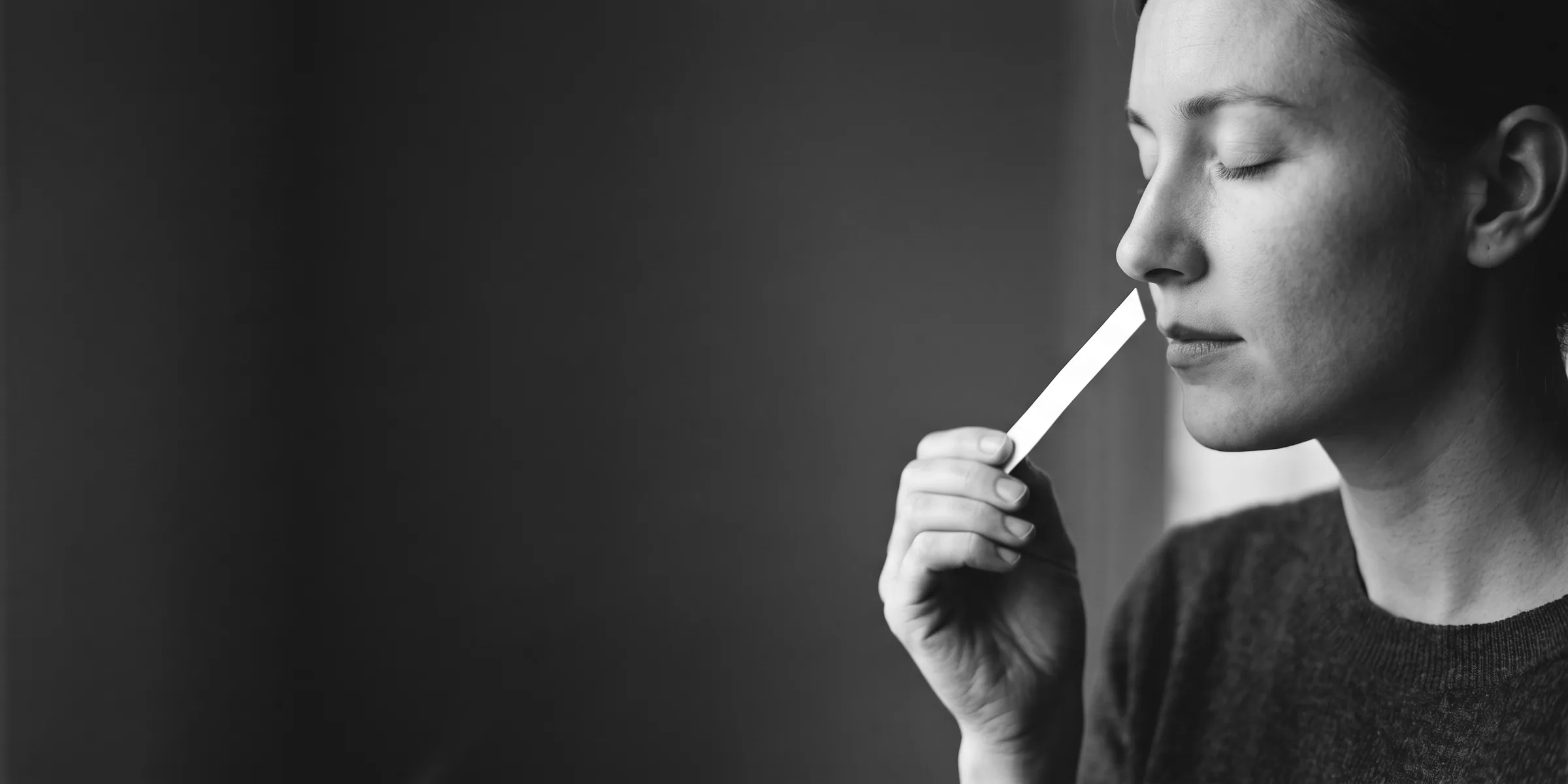 Pessoa sentindo o perfume de uma fita olfativa de papel, em preto e branco