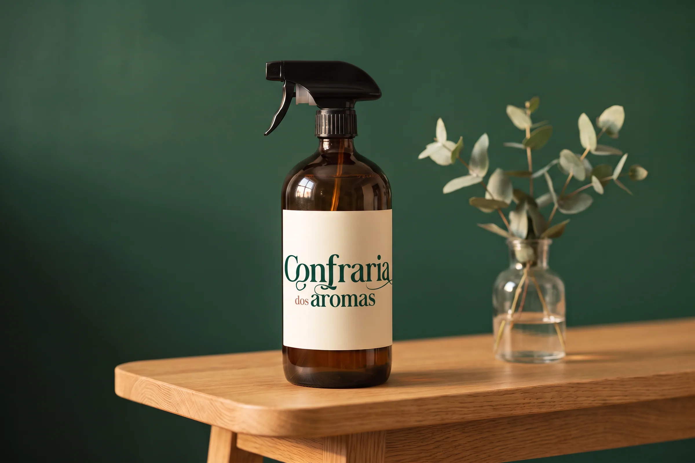 Frasco de aromatizador de ambiente com o rótulo da Confraria dos Aromas sobre uma bancada de madeira