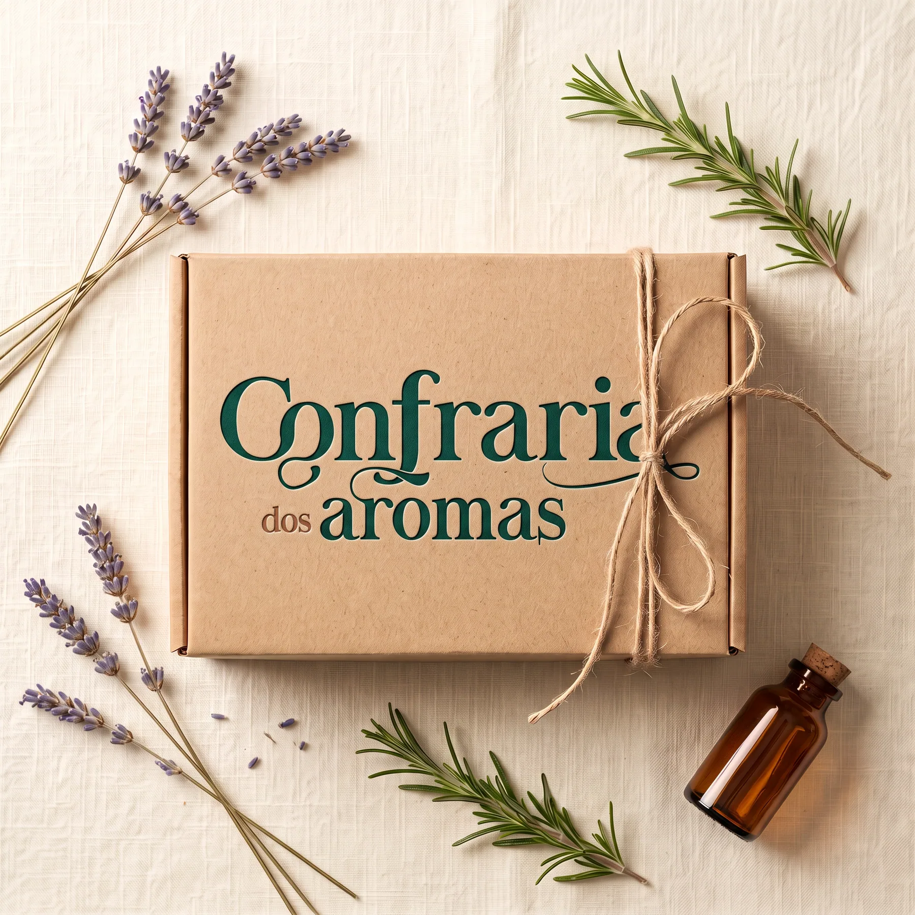 Caixa de presente com o logo da Confraria dos Aromas na tampa, com barbante e ramos secos