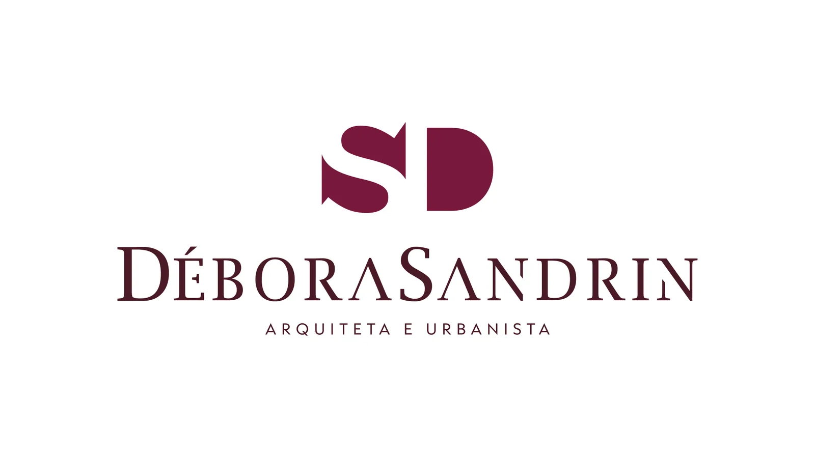 Caminho 1 da apresentação: monograma SD com as iniciais lado a lado em vinho, sobre o logotipo Débora Sandrin