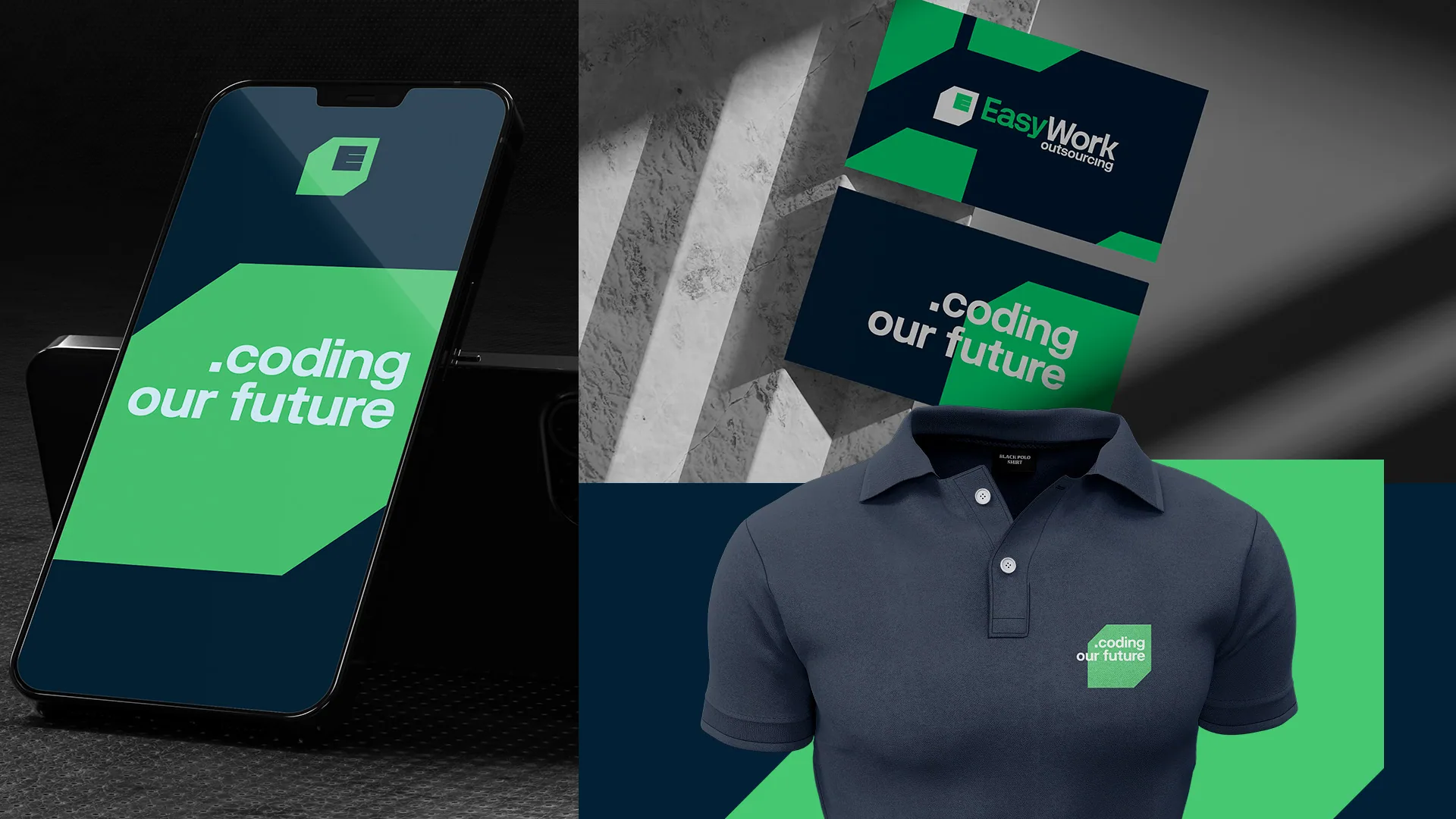 Celular, cartões de visita e camisa polo azul-marinho com o símbolo da EasyWork e a frase .coding our future