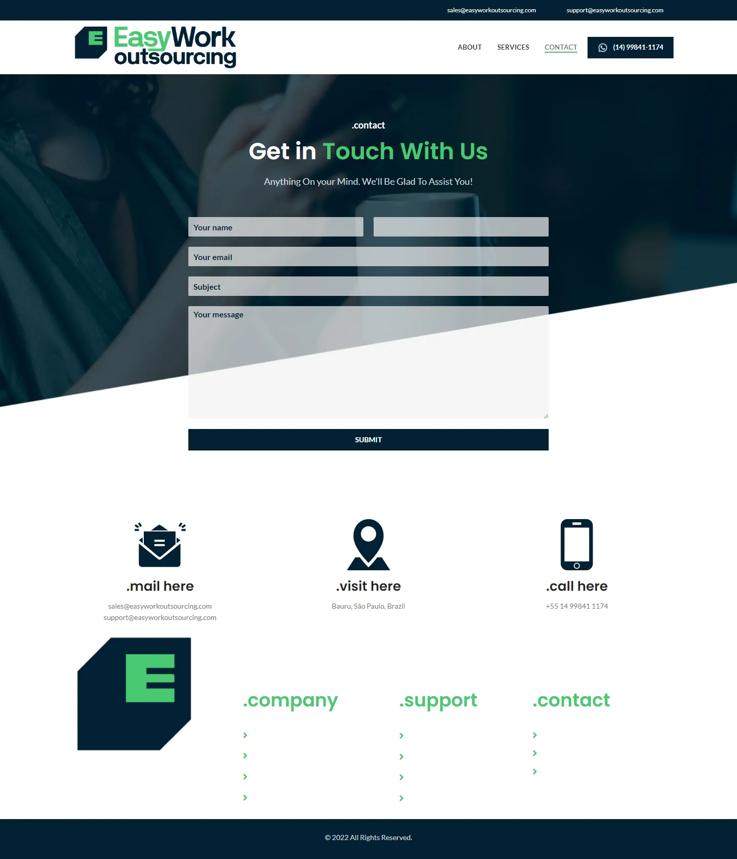 Página de contato do site da EasyWork Outsourcing, com formulário e os canais de e-mail, endereço e telefone