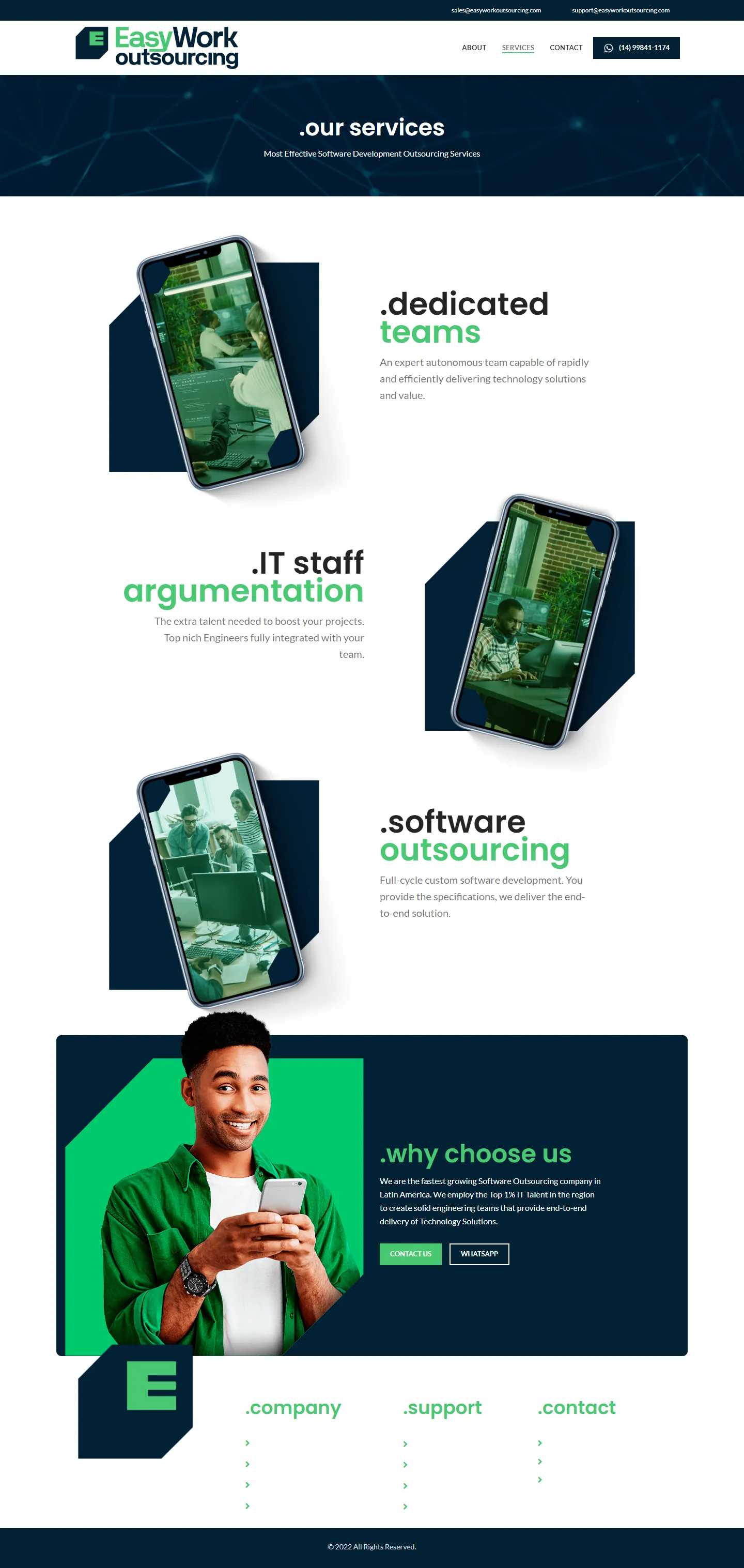 Página de serviços do site da EasyWork Outsourcing: times dedicados, alocação de profissionais de TI e outsourcing de software