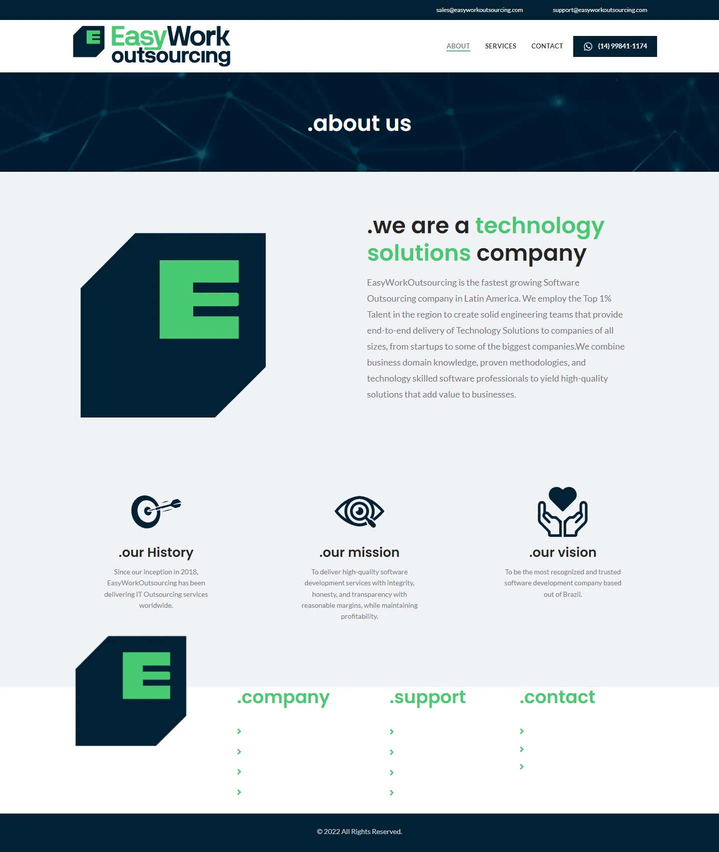 Página Sobre do site da EasyWork Outsourcing, com o símbolo, o texto de apresentação da empresa e os blocos de história, missão e visão