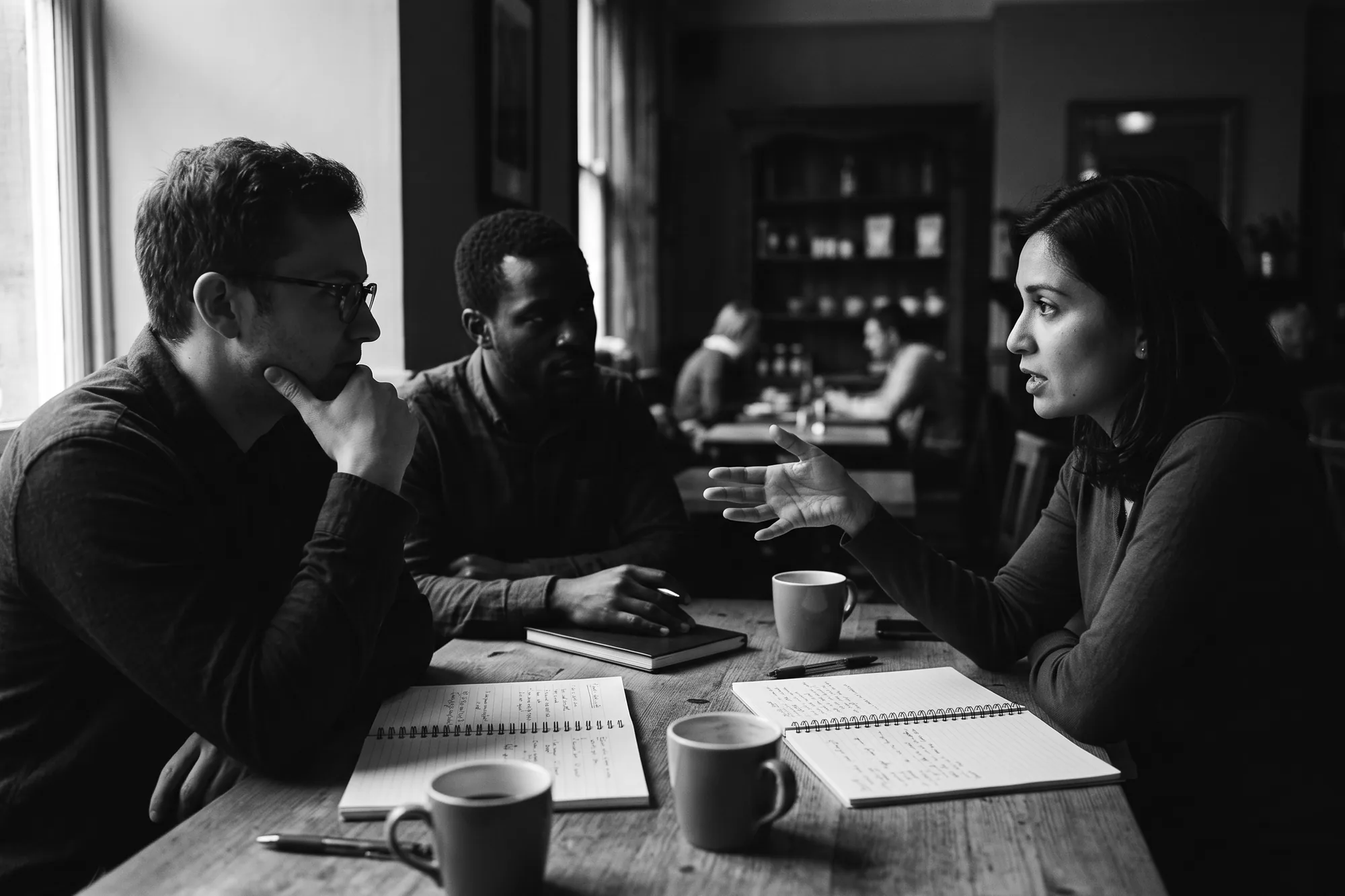 Pessoas conversando em volta de uma mesa com cadernos, em preto e branco