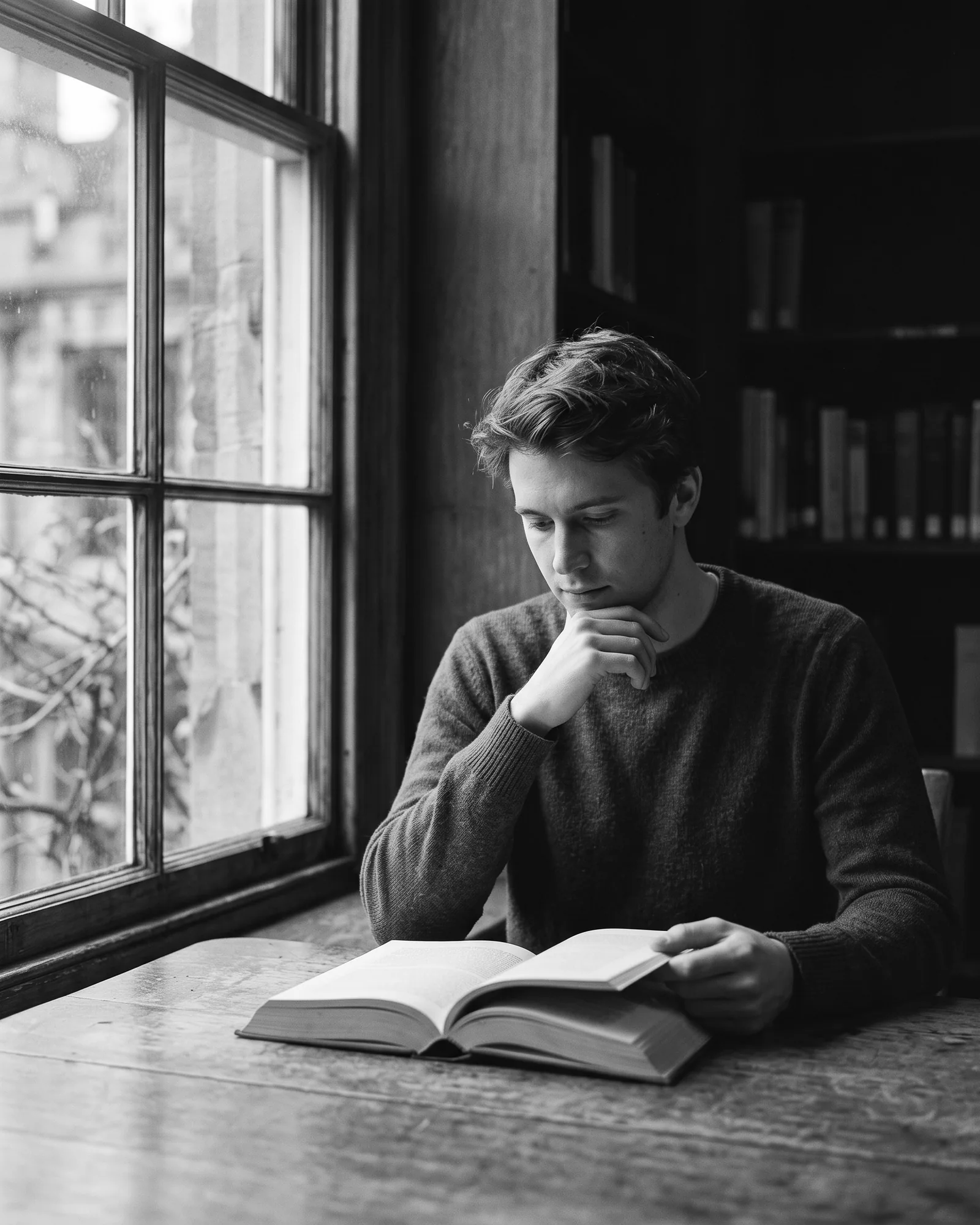 Retrato em preto e branco de uma estudante lendo junto à janela