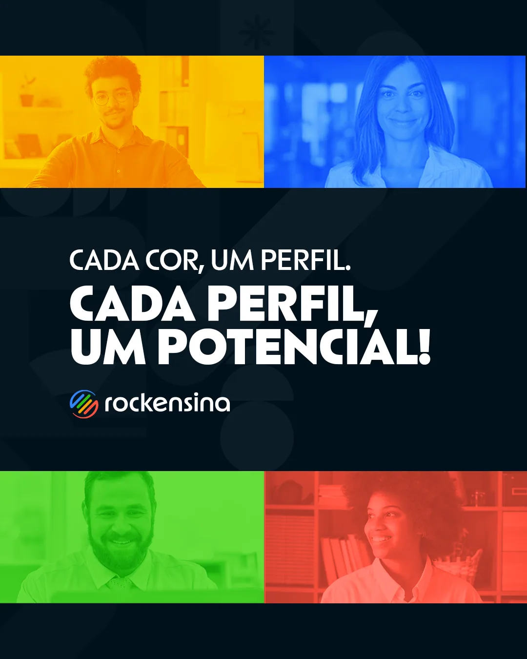 Post “Cada cor, um perfil. Cada perfil, um potencial!” com quatro fotos em azul, amarelo, verde e vermelho