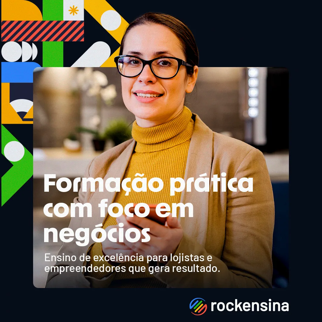Post “Formação prática com foco em negócios” sobre fundo azul-noite, com grafismo colorido