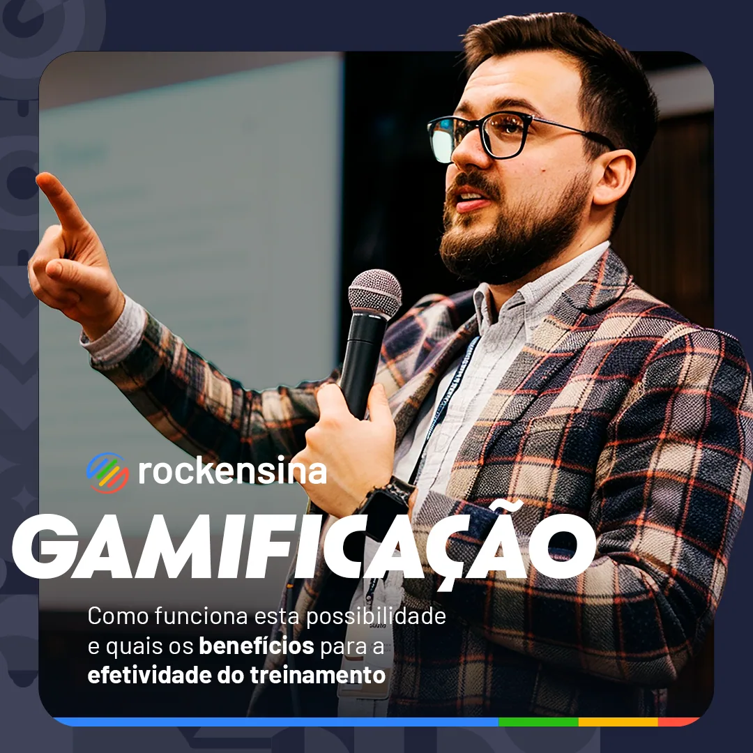 Post “Gamificação” com um palestrante apontando, de microfone na mão