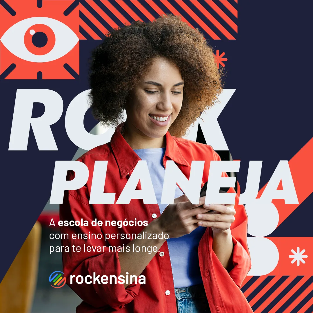 Post “Rock Planeja”: mulher sorrindo olhando o celular, com grafismo vermelho e o olho do pictograma atenção