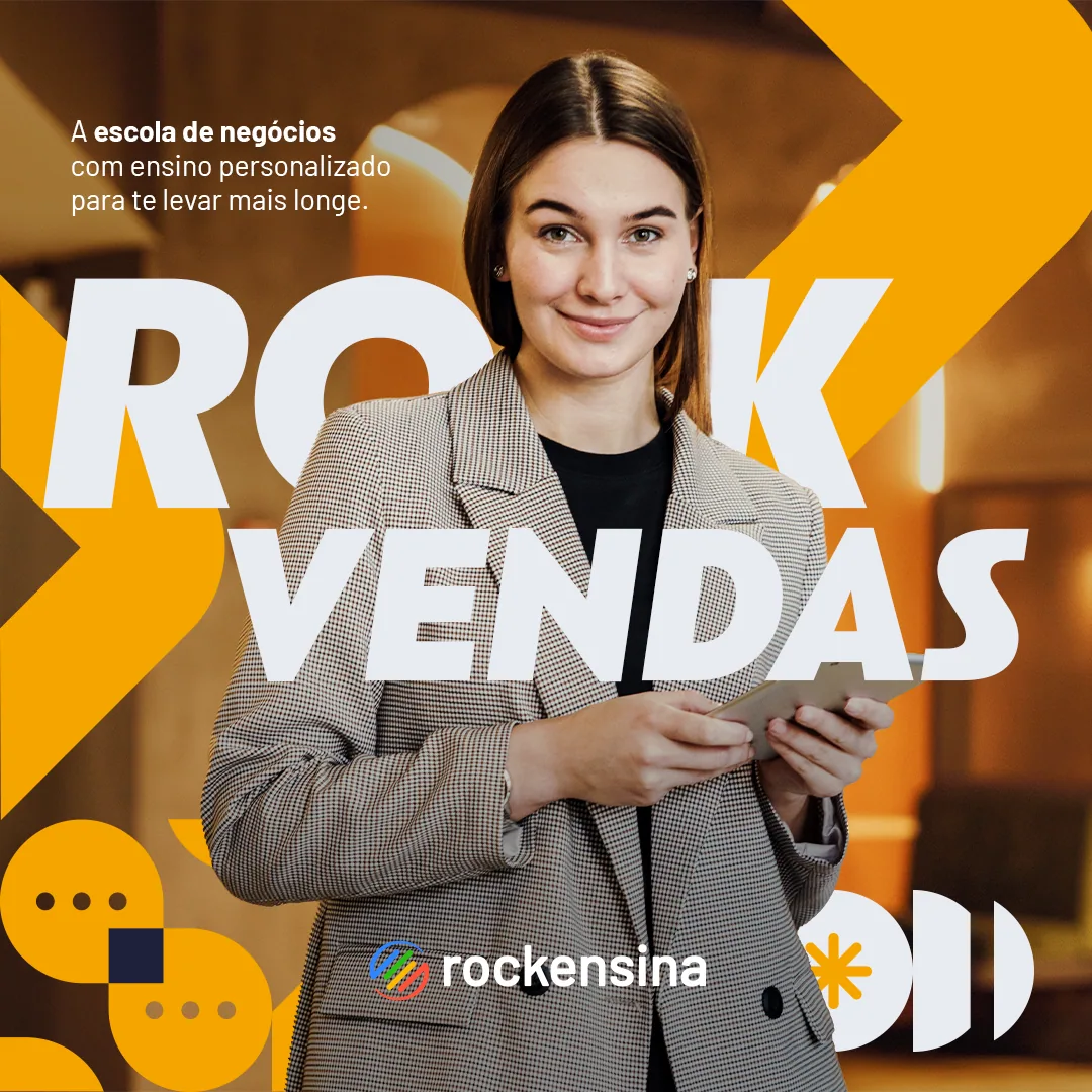 Post “Rock Vendas”: mulher de blazer com o celular, grafismo amarelo e laranja