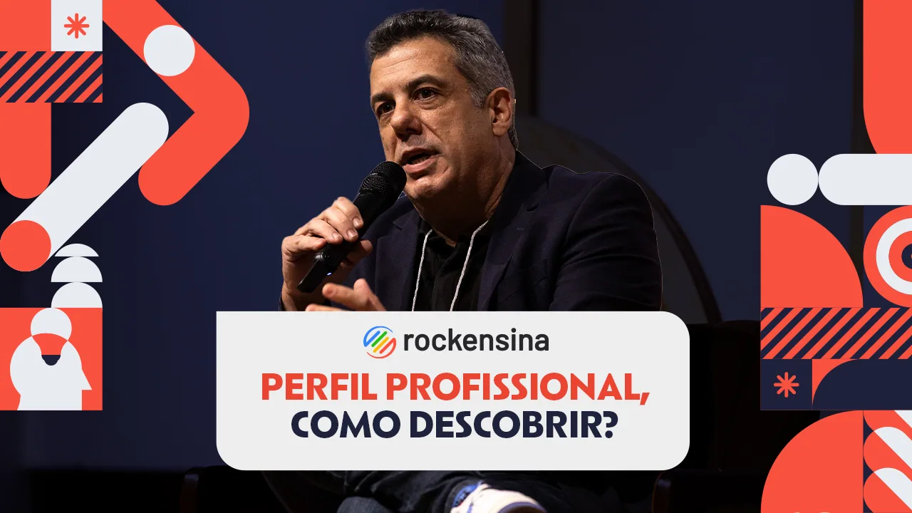 Capa de vídeo “Perfil profissional, como descobrir?” com palestrante ao microfone e grafismo vermelho