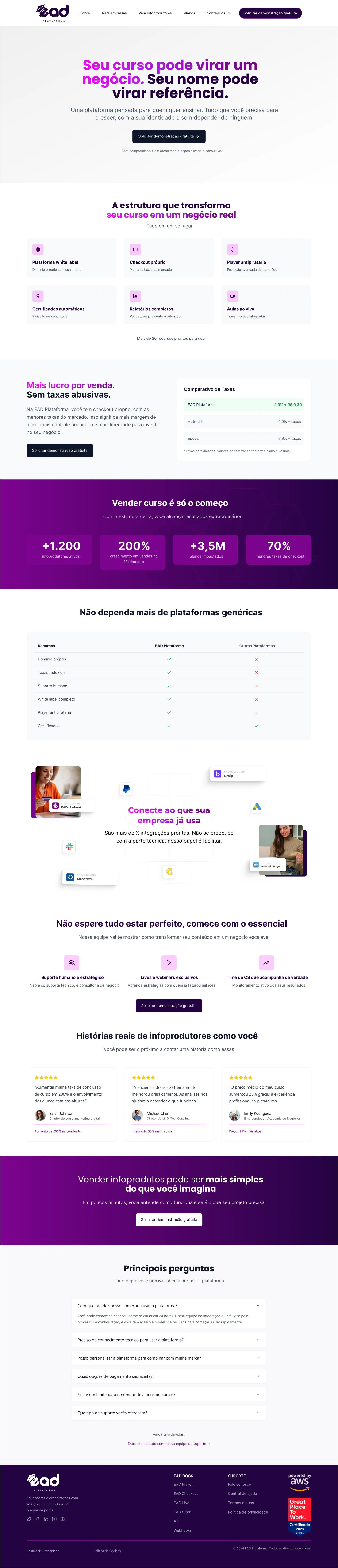 Página Infoprodutores do site EAD Plataforma