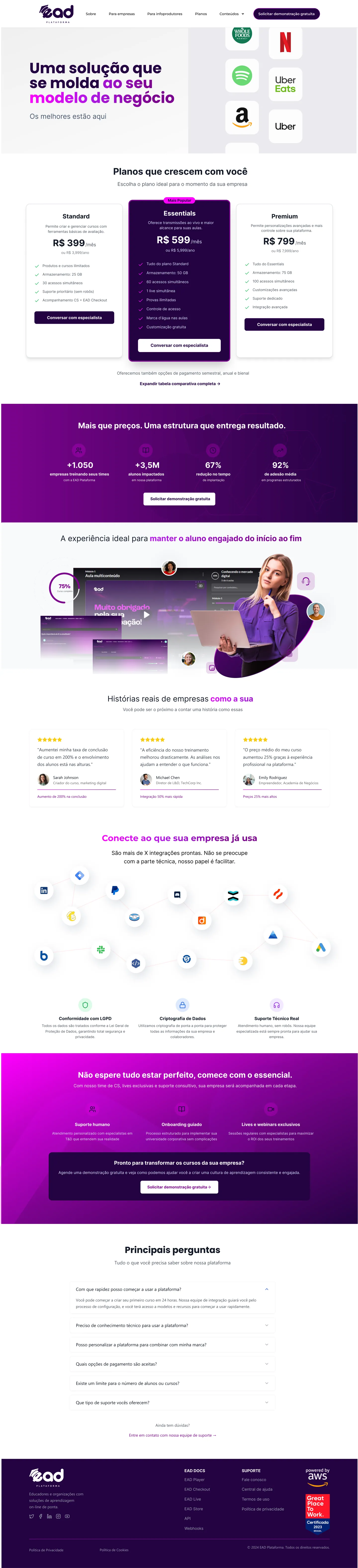 Página Planos do site EAD Plataforma