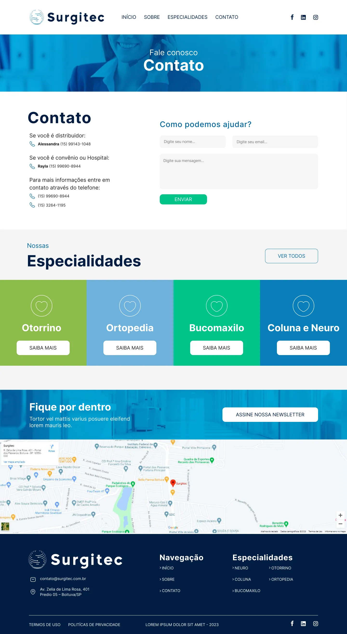 Página Contato do site Surgitec