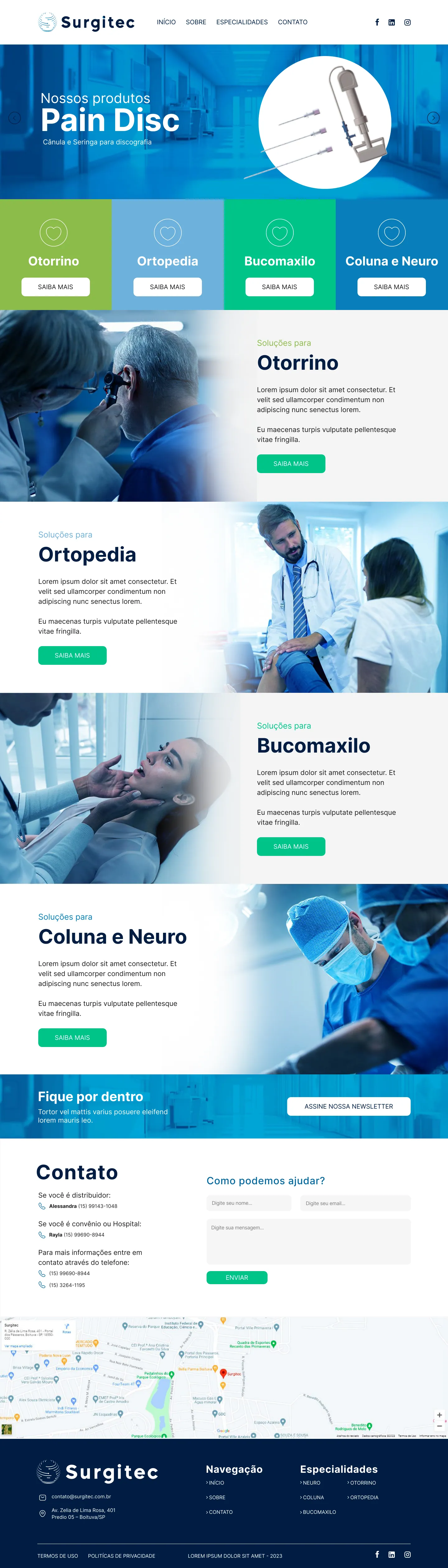 Página Especialidades do site Surgitec